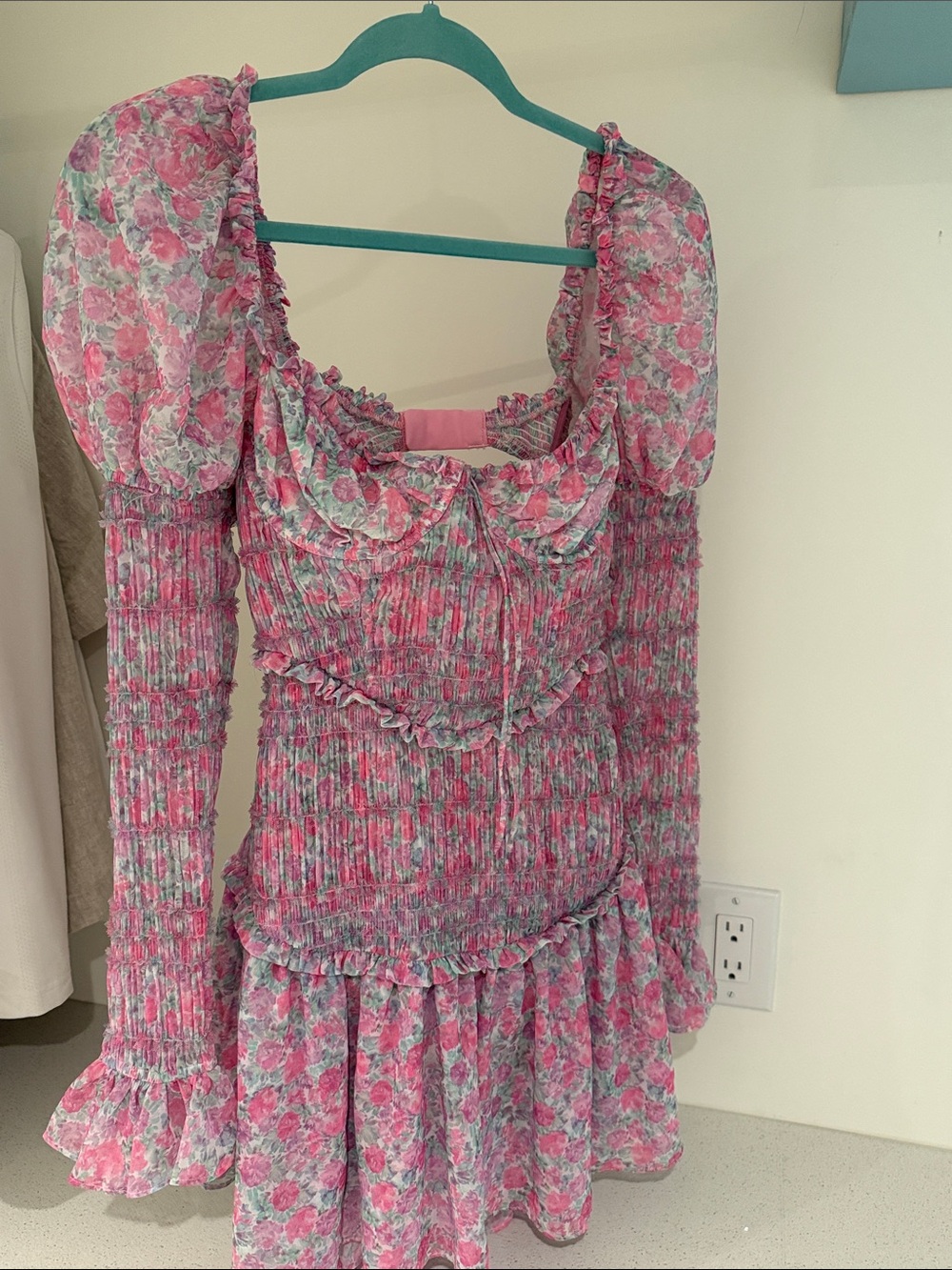 For Love And Lemons Pink Floral Ruffle Shirred Mini Dress